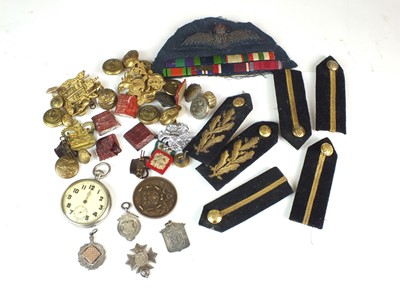 Lot 47 - Military pocket watch, London police buttons and gorget collar tabs, etc
