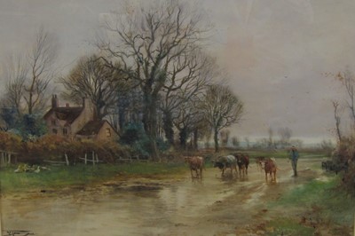 Lot 264 - Henry Charles Fox RBA (c.1855-1929) A Farmer with Cattle on a country road after Rain