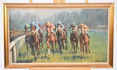 Lot 294 - Neil Cawthorne (British, 1936-), neck and neck, signed lower right, oil, 50 x 90.5cm