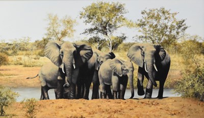 Lot 341 - Stephen Park (British b.1953) Elephants by a watering hole