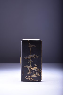 Lot 104 - A Japanese shakudo inlaid metal cigarette case, Taisho era or later