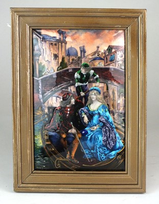 Lot 566 - A 20th century Limoges, enamelled panel, Faure & Marty, a couple in a Gondola