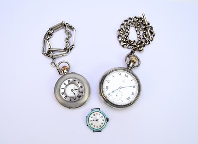 Lot 212 - Omega: A silver open face pocket watch, with two other watches