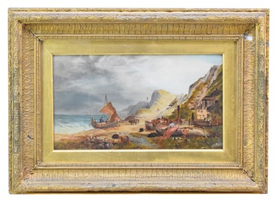 Lot 348 - English School circa 1870. A coastal scene with Fishermen by boats