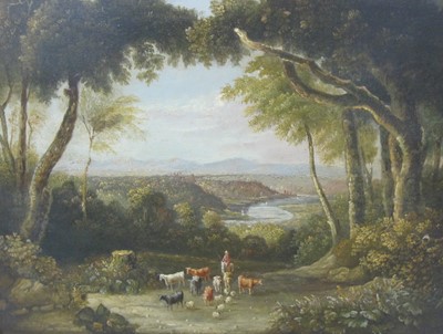 Lot 298 - Follower of George Barrett Jnr (1767-1842) A wooded lake landscape with Drover