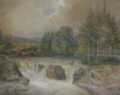 Lot 295 - English School, circa 1880, A Welsh river landscape with figures