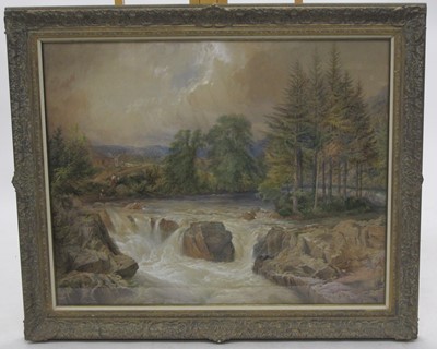 Lot 295 - English School, circa 1880, A Welsh river landscape with figures