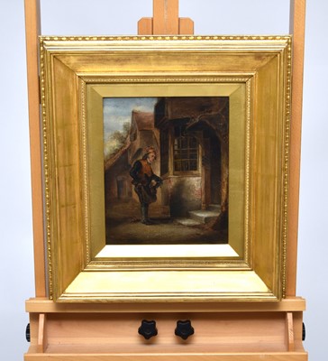 Lot 312 - British School, 19th century, a worker before his house, oil