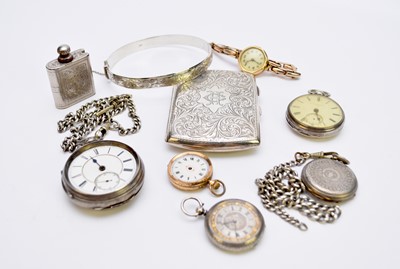 Lot 209 - A collection of silver and gold watches, a silver bangle, a cigarette case and a lighter