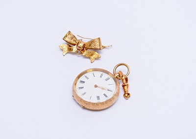 Lot 210 - An 18ct gold lady's pocket watch, together with a yellow metal bow fob