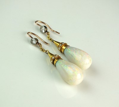 Lot 71 - A pair of late 19th century opal and diamond ear pendants