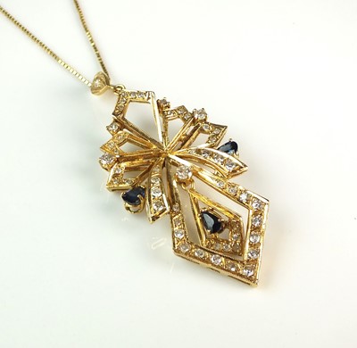 Lot 82 - A sapphire and diamond pendant on chain