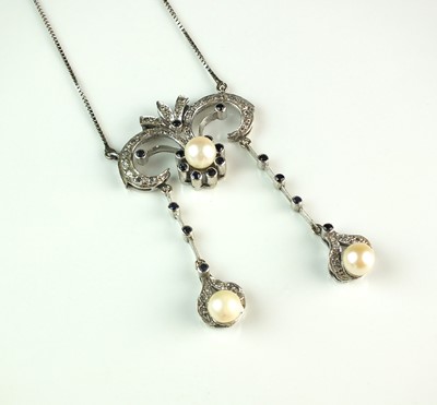 Lot 83 - A diamond, sapphire and cultured pearl pendant on chain