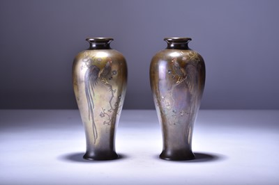 Lot 626 - A pair of Japanese inlaid bronze vases, Meiji era