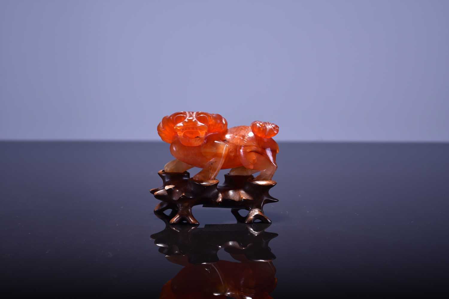Lot 568 - A Chinese carved carnelian figure of a lion dog, with carved hardwood stand