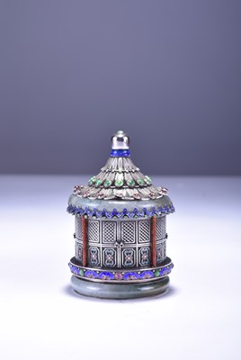 Lot 49 - A Chinese enamelled filligree silver and jadeite canister and cover, 20th century