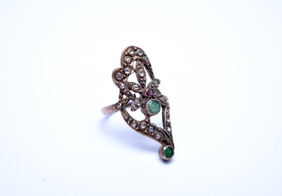 Lot 217 - A yellow metal emerald, ruby and rose cut diamond ring