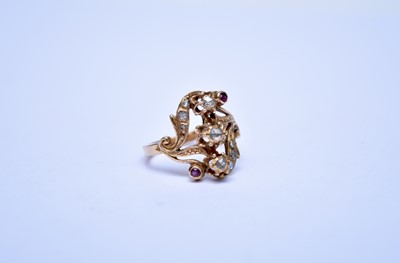 Lot 163 - A yellow metal rose cut diamond and ruby ring