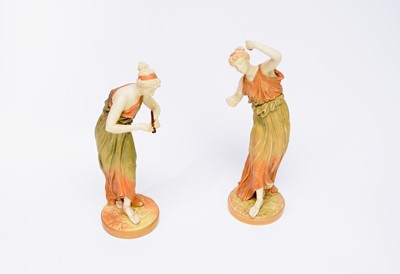 Lot 429 - Pair of Royal Worcester blush ivory figures of Grecian Musicians