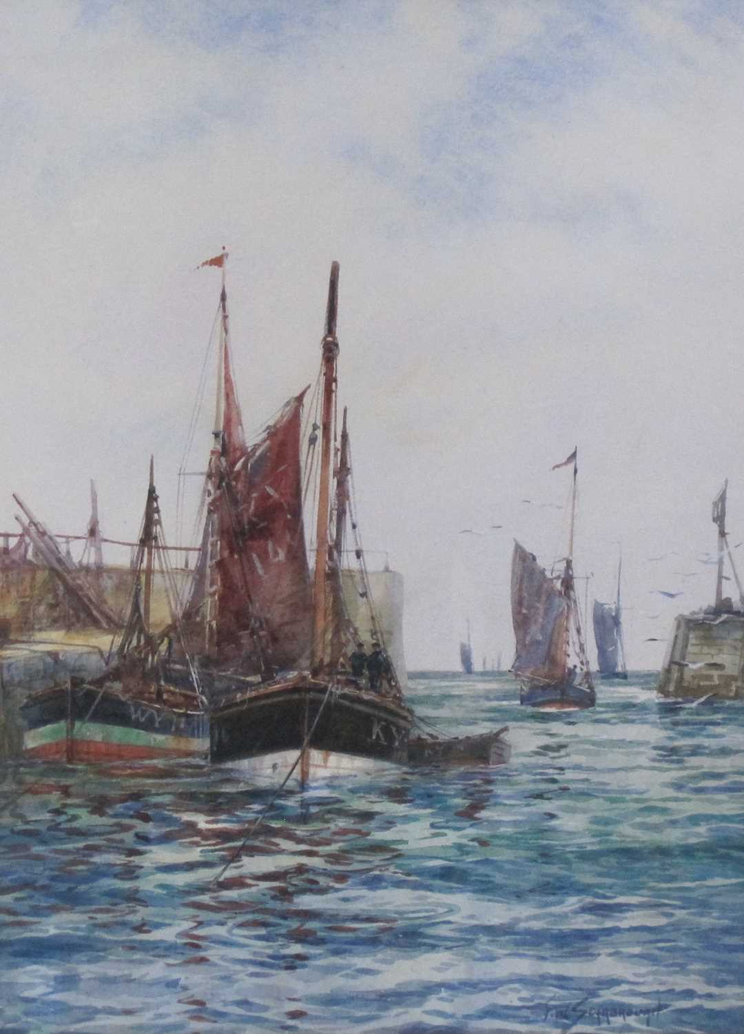 Lot 218 - Frank W Scarbrough (British 1860-1939). Fishing Boats, Whitby Harbour