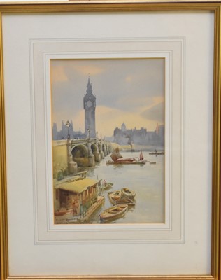 Lot 214 - William Alistair MacDonald.(British 1861-1948) The Houses of Parliament from the Thames