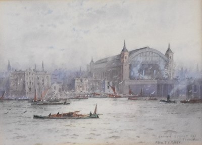 Lot 215 - Frederick Edward J Goff ( British 1855-1931). Thames from Tower Bridge and Canon St Railway Terminus