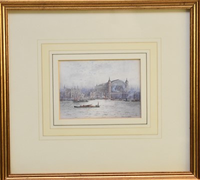Lot 215 - Frederick Edward J Goff ( British 1855-1931). Thames from Tower Bridge and Canon St Railway Terminus