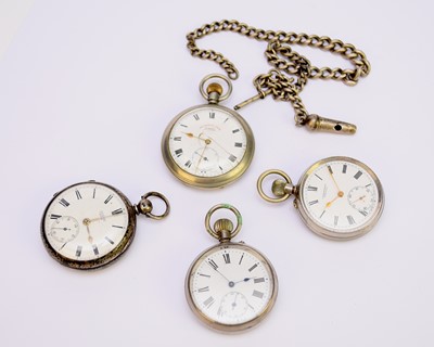 Lot 218 - A silver-open face pocket watch with chain and three base metal pocket watches