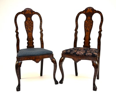 Lot 525 - Three Anglo-Dutch marquetry mahogany side chairs