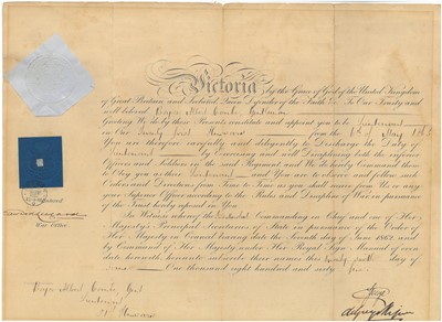 Lot 170 - British Army Lieutenant's Commission to Boyce Albert Combe, 1865.