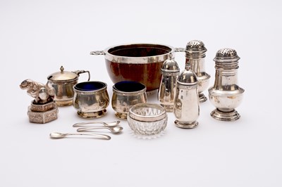 Lot 46 - A collection of silver cruets and a silver mounted wood bowl