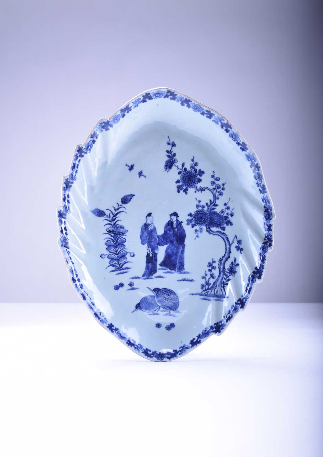34 - A rare Chinese export blue and white leaf-shaped 'Quail' dish, Qianlong