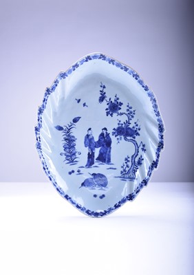 Lot 34 - A rare Chinese export blue and white leaf-shaped 'Quail' dish, Qianlong