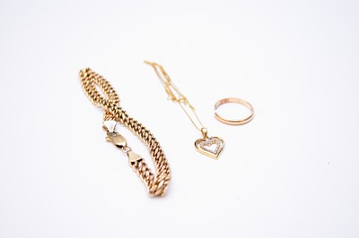 Lot 164 - A 9ct gold bracelet, ring and pendant on chain