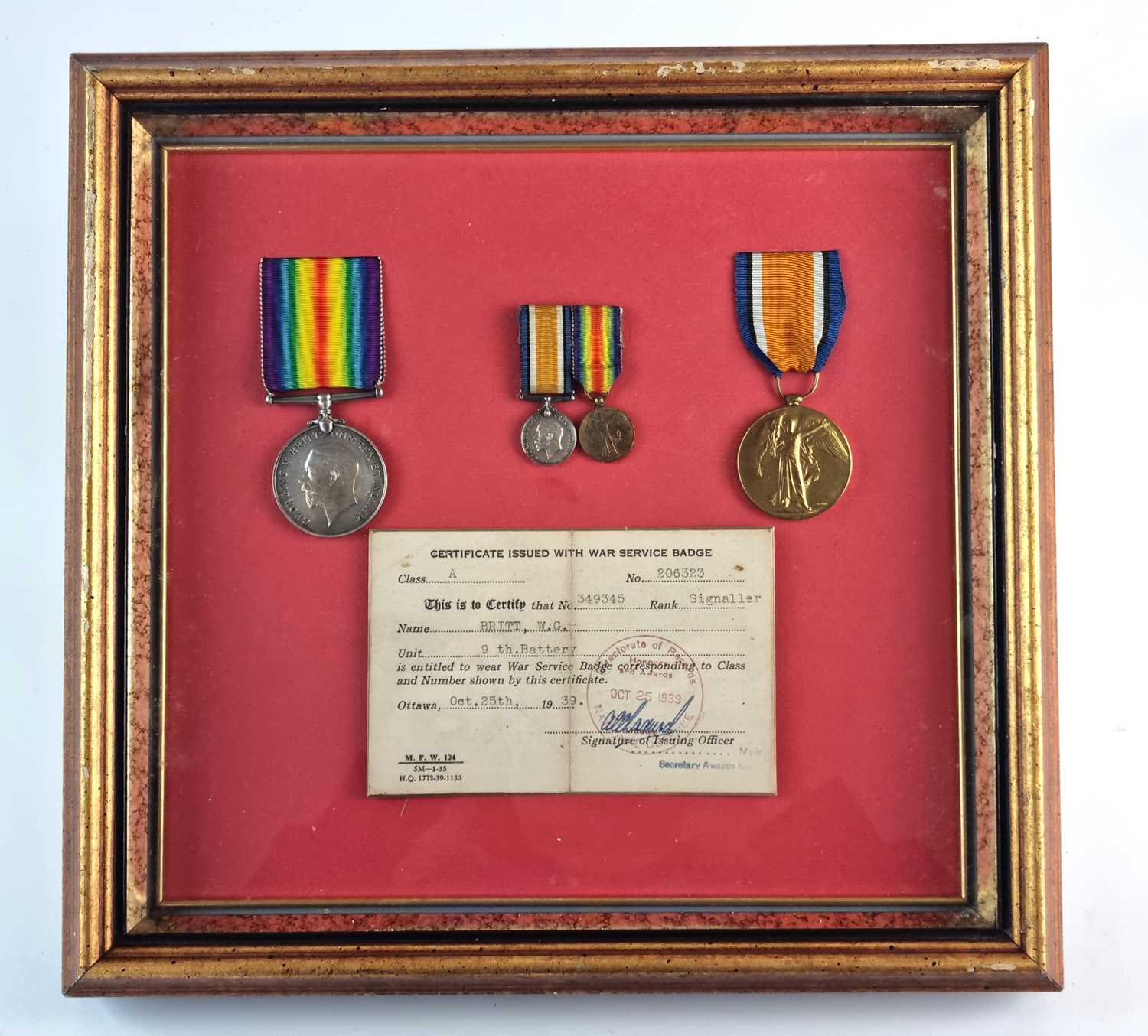 Lot Canadian Interest - WW1 Pair of Medals with miniatures awarded to Gnr W.G. Britt C.G.A