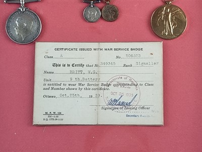 Lot Canadian Interest - WW1 Pair of Medals with miniatures awarded to Gnr W.G. Britt C.G.A