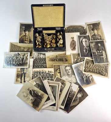 Lot Group of British WW1/WW2 postcards and photos, together with buttons and a badge