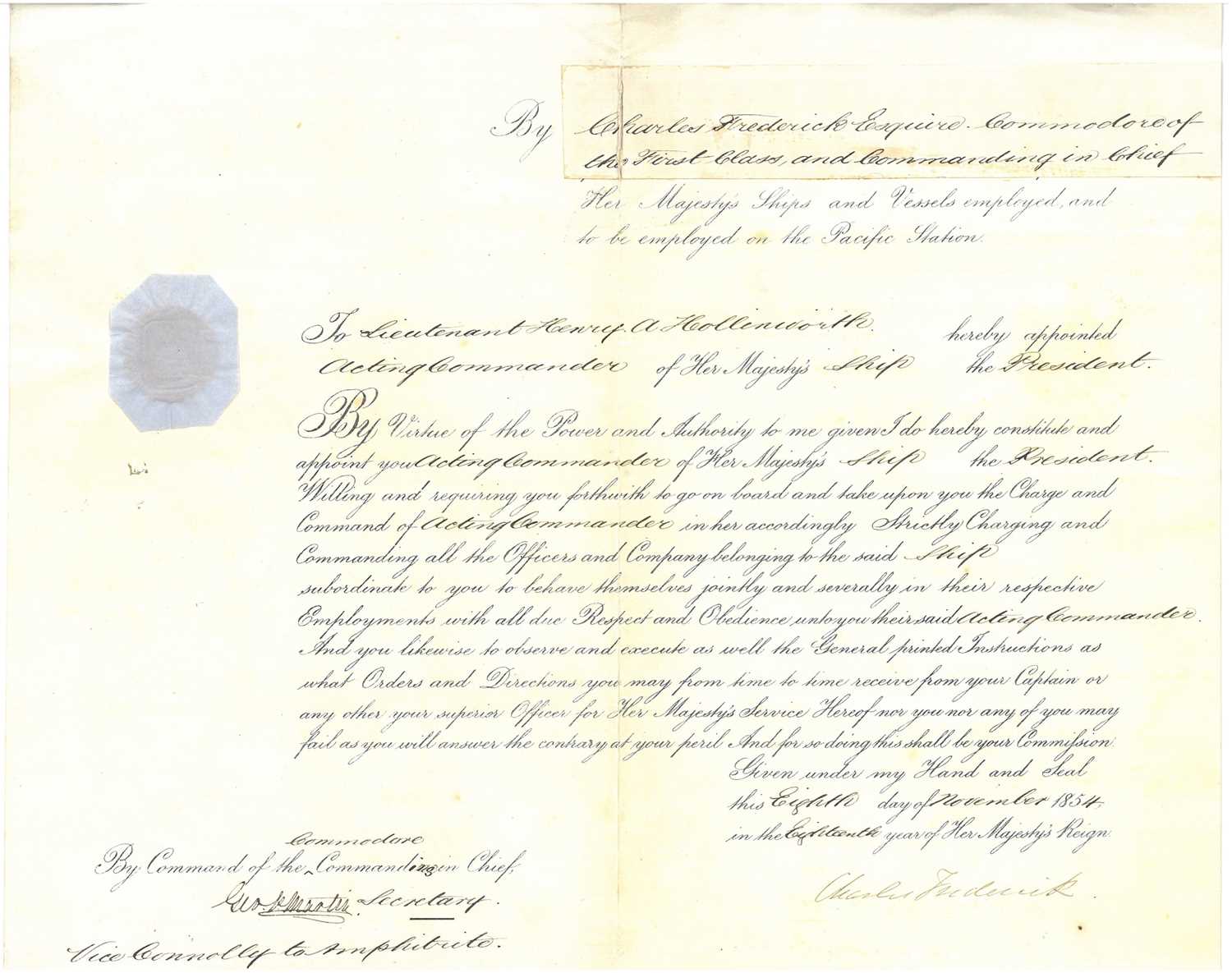 Lot 4 - Royal Navy. Appointment of Lieutenant Henry A Hollinworth to Acting Commander of HMS President
