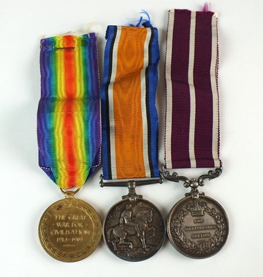 Lot First World War Meritious Service Medal trio to Pte. J Muir, Manchester Regt.