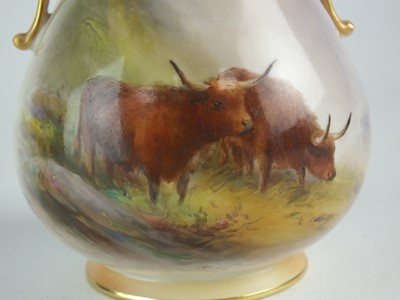 Lot 263 - Royal Worcester vase painted by Harry Stinton with Highland Cattle