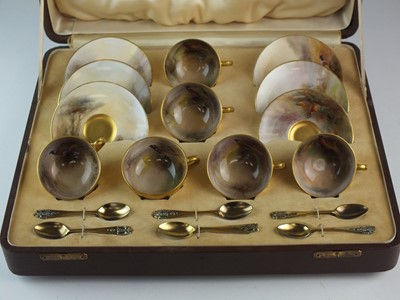 Lot 265 - Royal Worcester James Stinton Pheasant cased coffee service