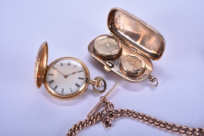 Lot 124 - A lady's 18ct gold hunter pocket watch with 9ct Albert and 9ct sovereign case