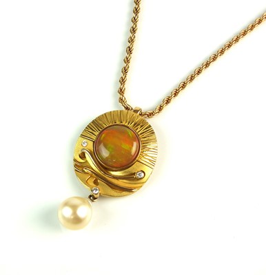 Lot 81 - An opal, diamond and cultured pearl pendant by Arno Thuile