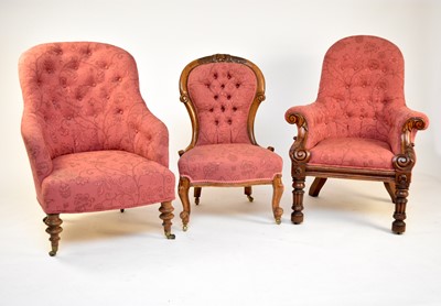 Lot 687 - An assembled trio of Victorian mahogany upholstered salon chairs