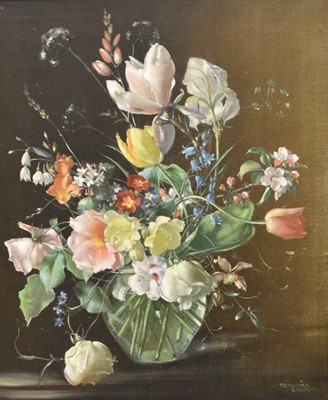 Lot 375 - Terence Loudon (1900-1949) Tulips and other flowers in a glass vase on a ledge