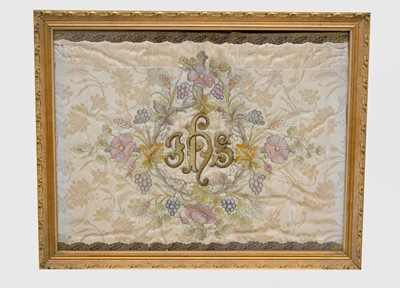 Lot 368 - An embroidered altar cloth together with an embroidered fragment, both framed