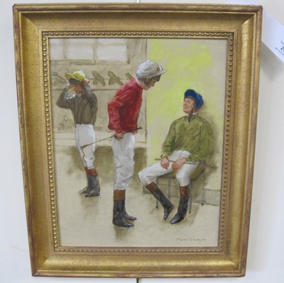 Lot 25 - Henry Koehler (American, 1927-2018), 'Jockeys' Room Chat', oil on canvas laid on panel, 35.5 x 28cm
