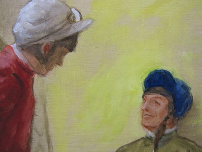 Lot 25 - Henry Koehler (American, 1927-2018), 'Jockeys' Room Chat', oil on canvas laid on panel, 35.5 x 28cm
