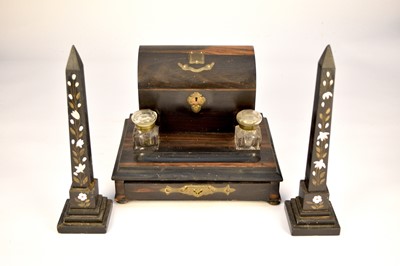 Lot 430 - A Victorian faux calamander standish, with a pair of late 19th century Italian pietre dure obelisks (3)