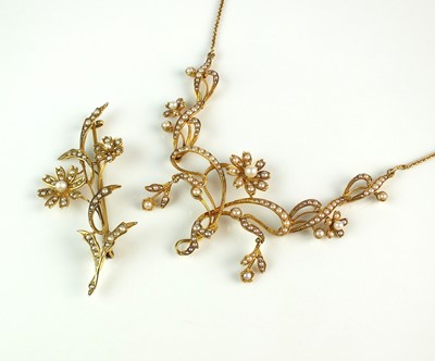 Lot 63 - A seed pearl set necklace and brooch